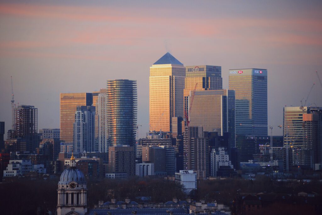 An image showing a distant shot of Canary Wharf in London
